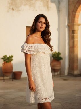Sézane Ivory Crochet Off-Shoulder Mini Dress | Size M